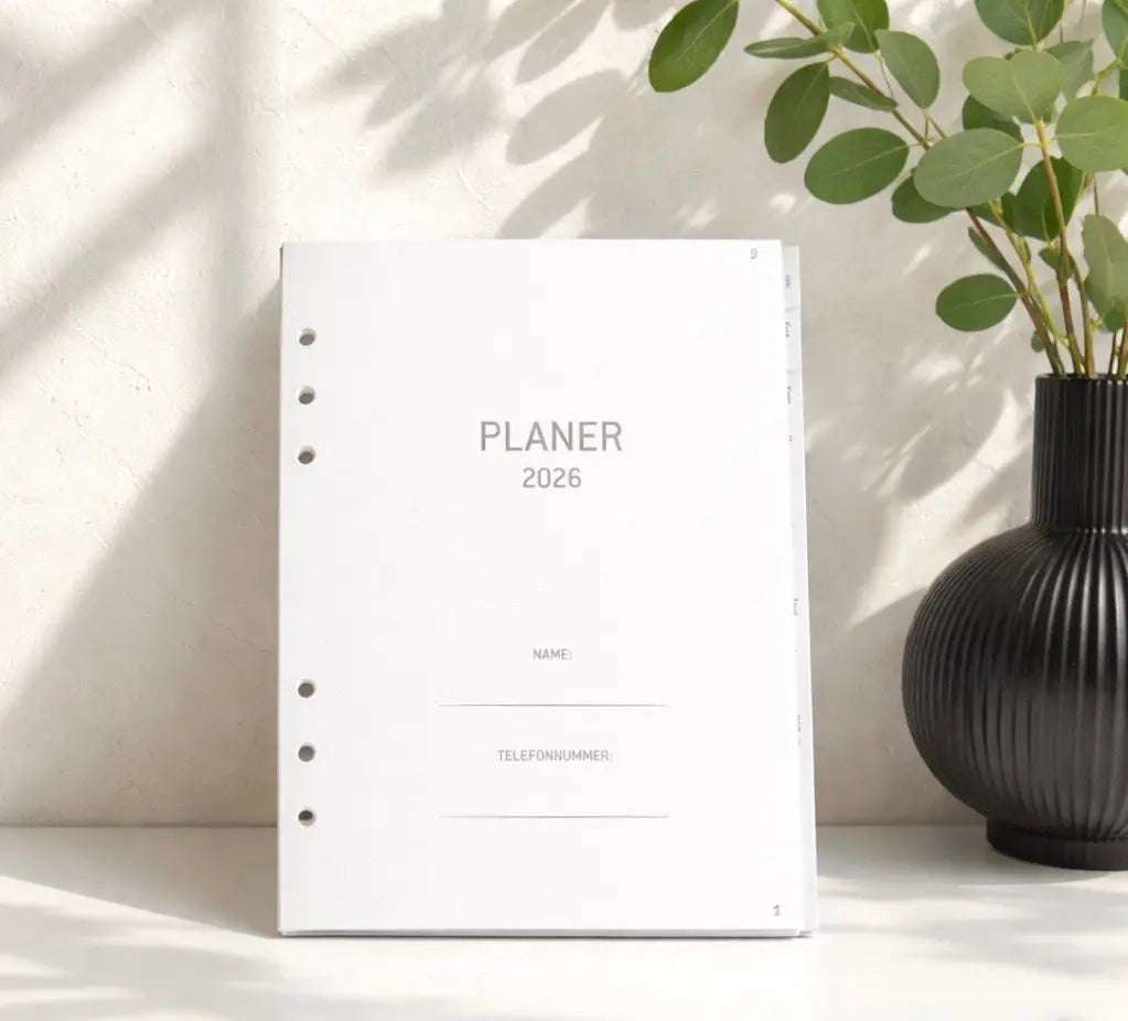 KALENDER 2026 EINLAGE im A5-Format, weiße Planerseiten mit grauer Schrift und vorgestanzten Ringbuchlöchern.