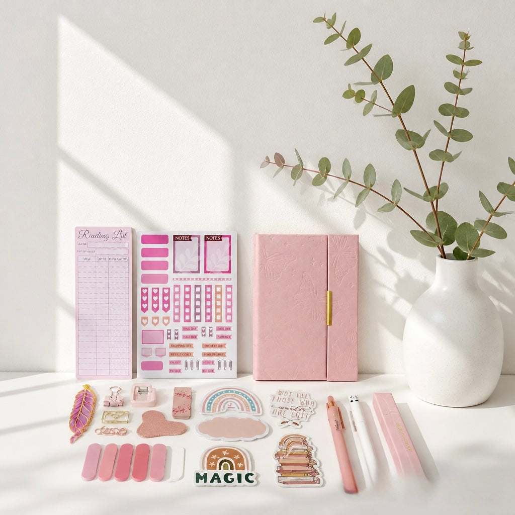 Notizbuch Set A5 in Rosa mit strukturiertem Hardcover, goldfarbenem Stiftclip und passenden Planungsstickern sowie Zubehör.