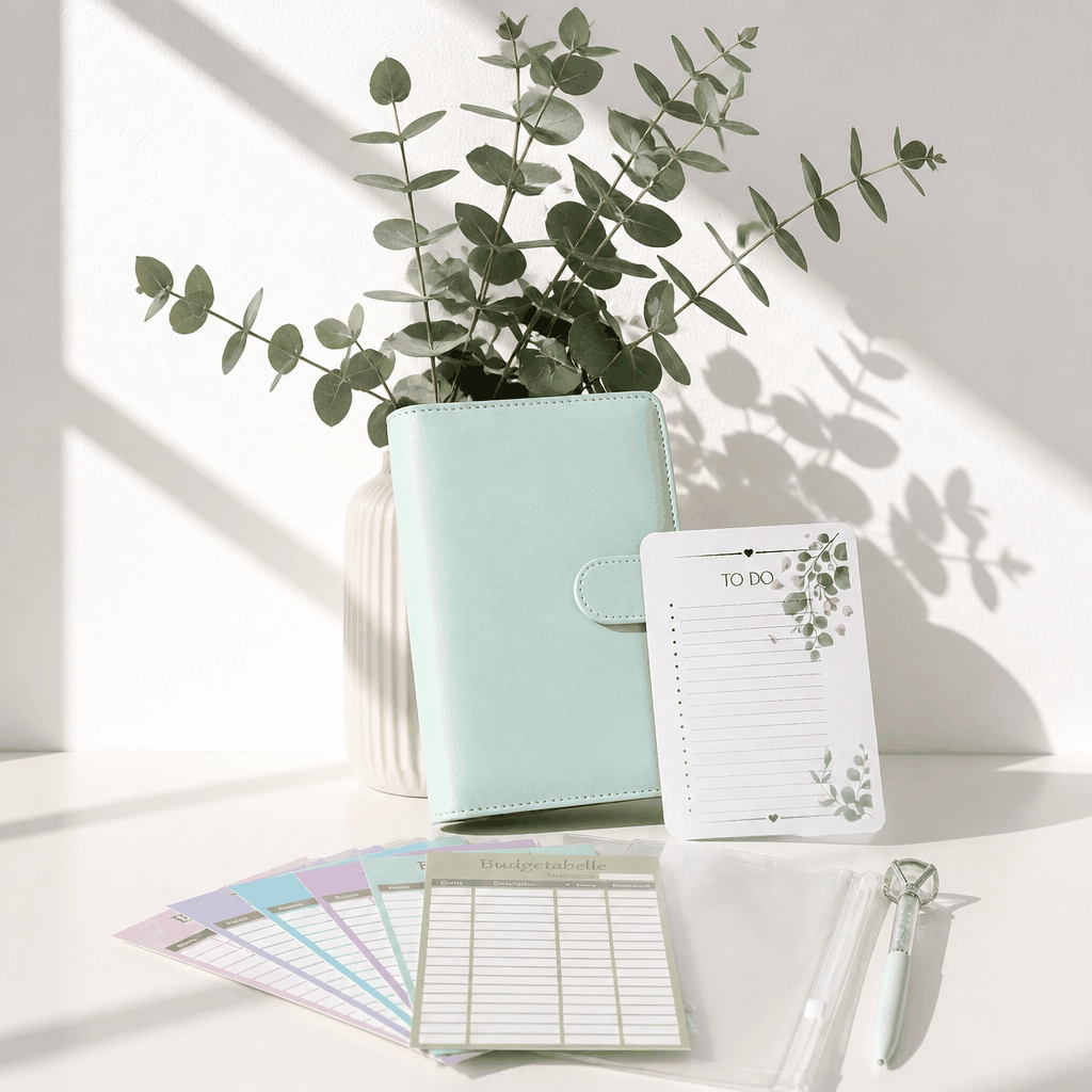 Budget Binder Set im A6-Format mit mintgrünem Einband, floralen To-do-Blättern und farbigen Budgettabellen.