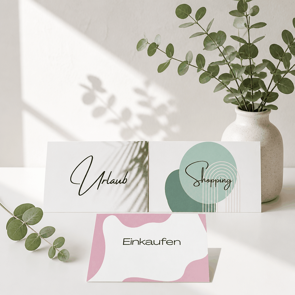 Budget Binder Set mit drei weißen Budgetkarten, beschriftet mit „Urlaub“, „Shopping“ und „Einkaufen“, in Rosa und Grün gestaltet.