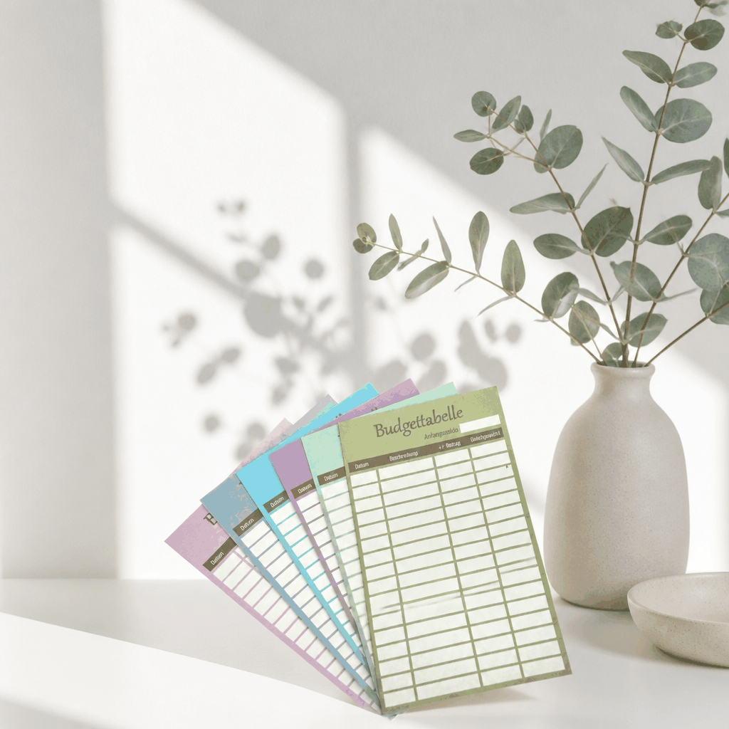 Budget Binder Set mit farbigen Budgettabellen aus Papier, grünen Rasterlinien und beschrifteten Spalten zur Finanzplanung.