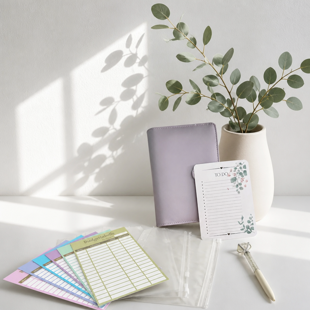 Budget Binder Set A6 mit lila Planer, bunten Budgettabellen, transparenten Umschlägen und To-do-Zettel.
