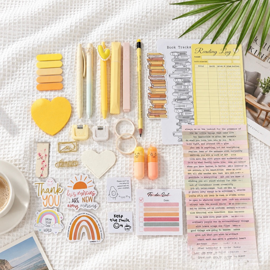 Binder A5 - Yellow: Gelbes Schreibwaren-Set mit Herznotizblock, Markern, Stiften, Stickern und Leselisten