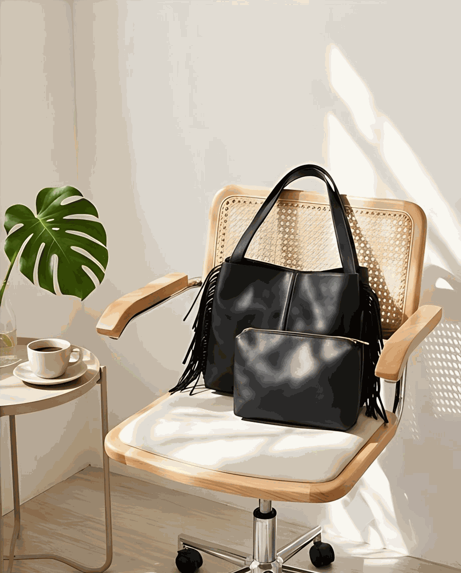 Damenhandtasche mit Fransen aus schwarzem, glattem Material mit passendem Täschchen und langen Schulterriemen