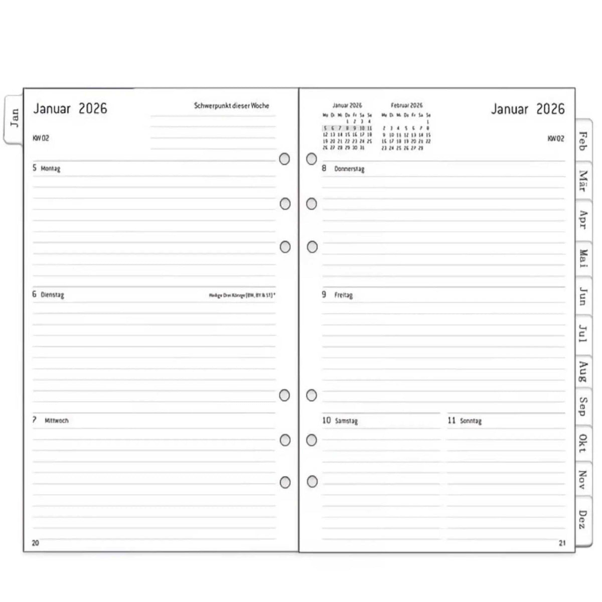 KALENDER 2026 EINLAGE im A5-Format, weißes Papier mit schwarzem Druck, linierter Wochenübersicht und Monatsreitern.