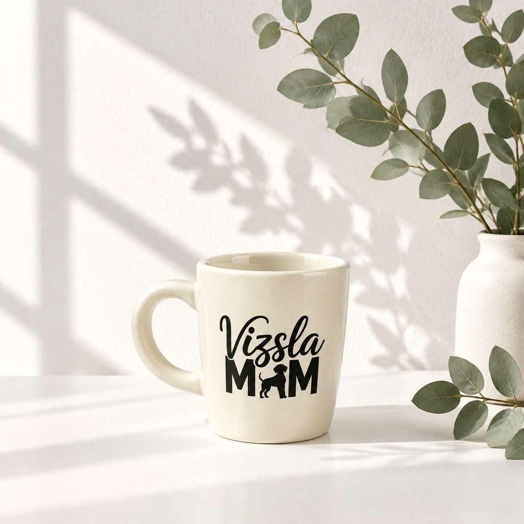 Tasse - Vizsla Mom in Cremeweiß aus Keramik mit schwarzem Schriftzug - Vizsla Mom und Vizsla-Silhouette