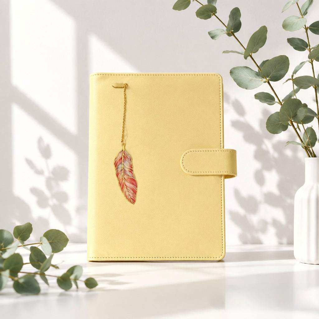 Binder A5 - Yellow mit glattem, hellgelbem Einband, abgerundeten Ecken, Verschlusslasche und dekorativem Federanhänger