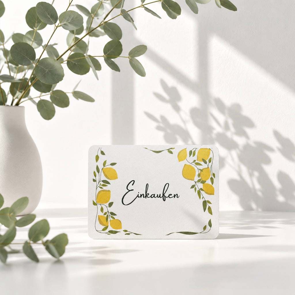 Karte des Sets Binder A5 - Yellow mit gelbem Zitronenmotiv, grünem Blätterkranz und handgeschriebenem Wort „Einkaufen“.
